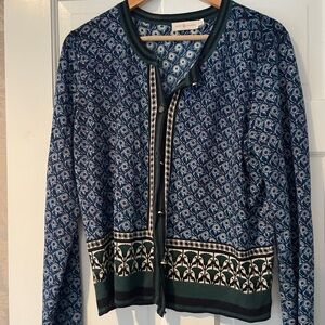 Tory Burch Blue and Green Floral Cardigan Xl Wool Sweater